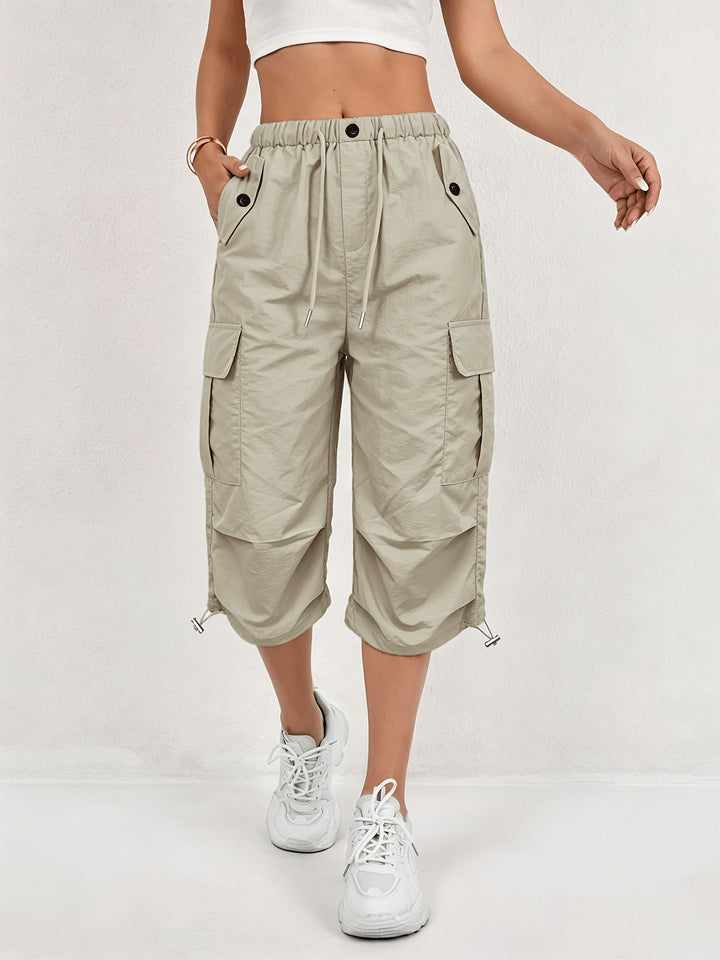 Freya | Women's Loose Fit Drawstring Waist Flap Pocket Cargo Capri Trousers
