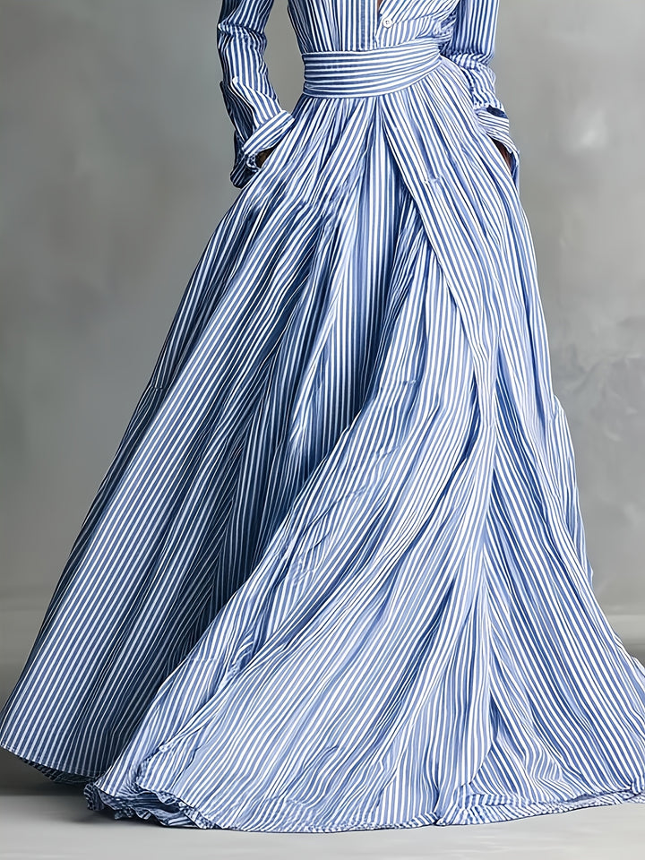 Winifred │ Women's Stripe Print Collar Button Front Tie Waist Maxi Shirt Dress