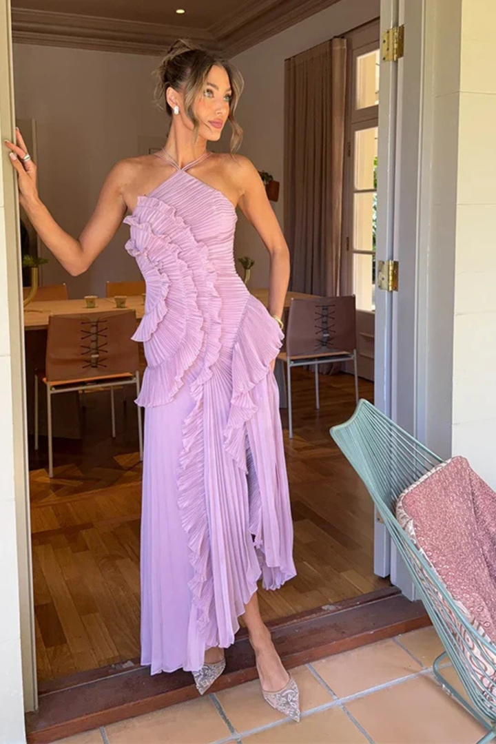 Cordelia │ Women's Halter Neck Tiered Ruffle Maxi Summer Wedding Guest Dress