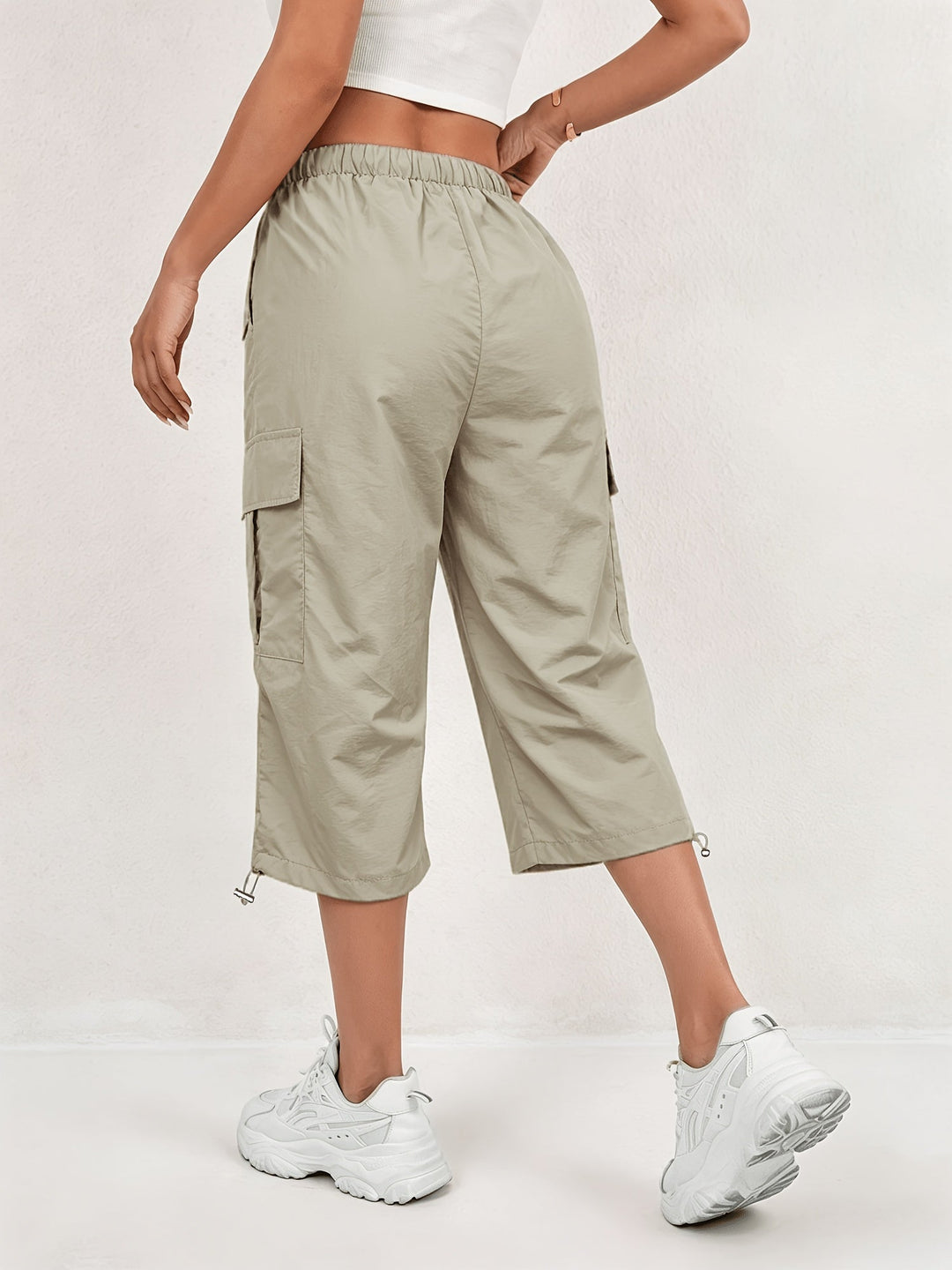 Freya | Women's Loose Fit Drawstring Waist Flap Pocket Cargo Capri Trousers