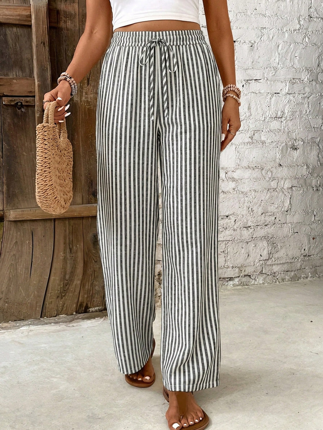 Georgina │ Women's Stripe Print Elastic Waist Wide Leg Trousers