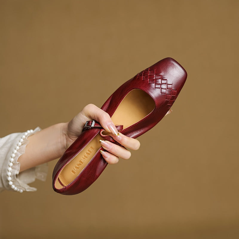 Selina │ Women's Square Toe Mary Jane Flat With Woven Upper