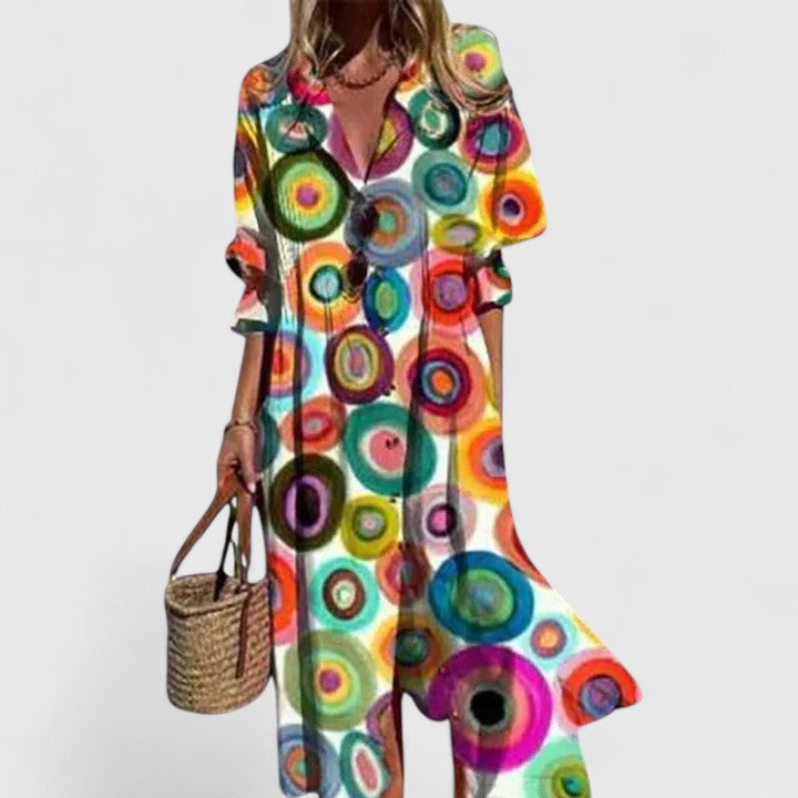 Calliope │ Women's Botanical Print Button Front Midi Summer Dress With Half Sleeves