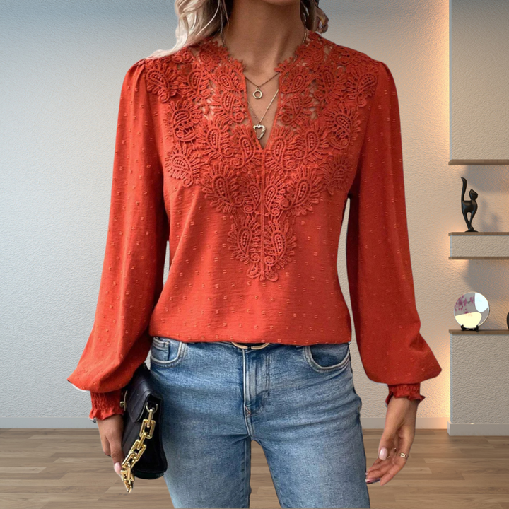 Stella │ Women's Lace Trim V-Neck Long Sleeve Blouse With Textured Fabric
