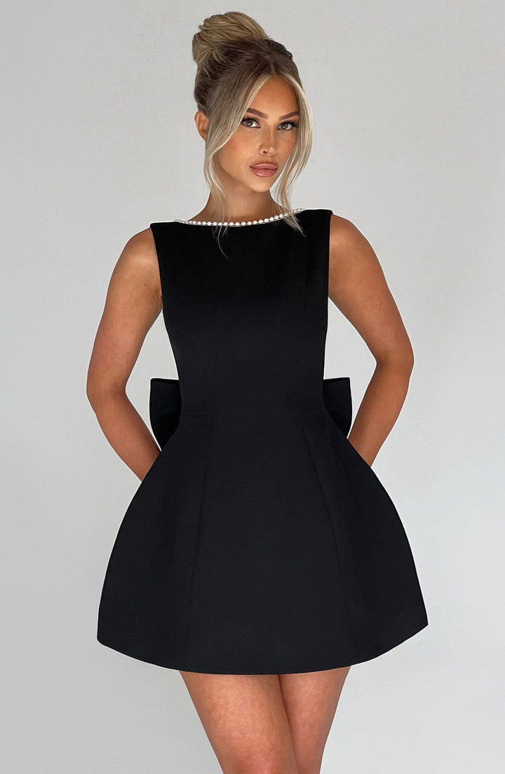 Georgiana │ Women's Structured Mini Wedding Guest Dress With Pearl Trim And Bow Detail