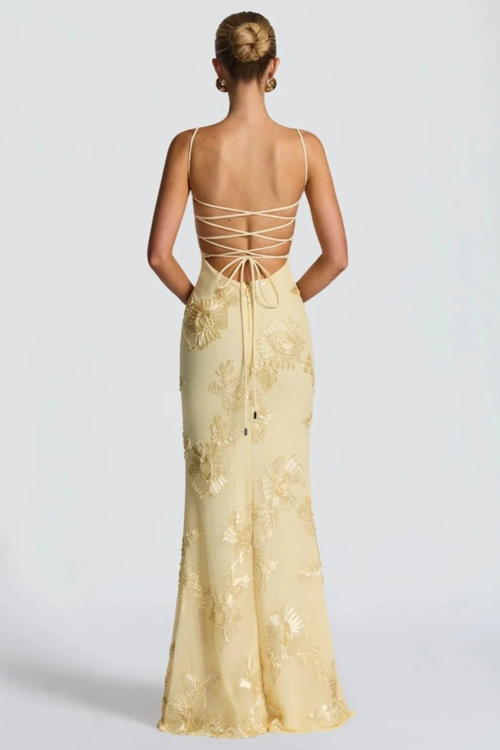 Evangeline │ Women's Floral Embroidered Corset Maxi Wedding Guest Dress With Cami Straps