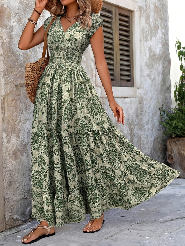 Leona │ Women's V-Neck Short Sleeve Printed Maxi Dress With Waist Tie
