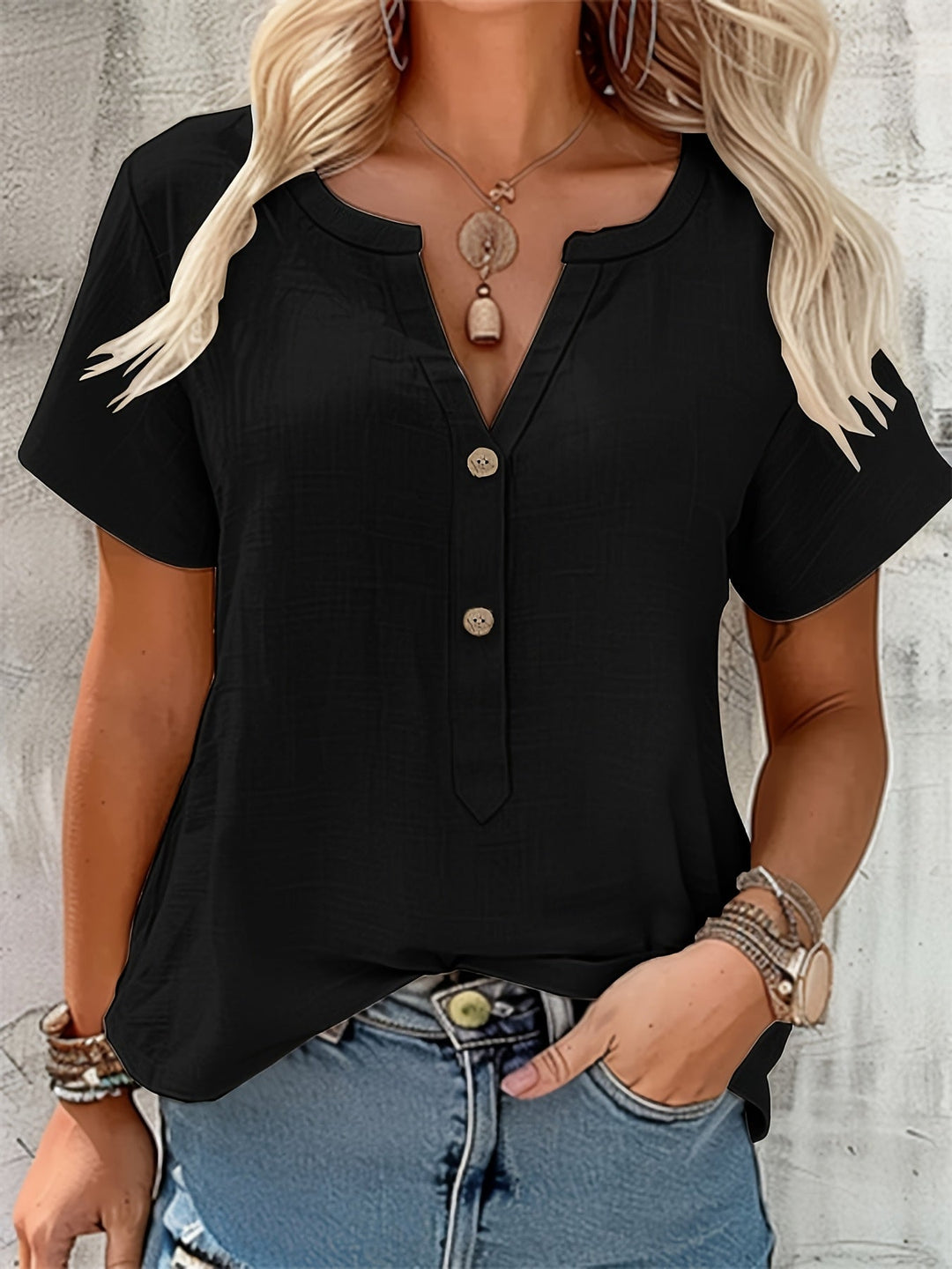Ivy | Women's Loose Fit Short Sleeve Button Placket V-Neck Blouse