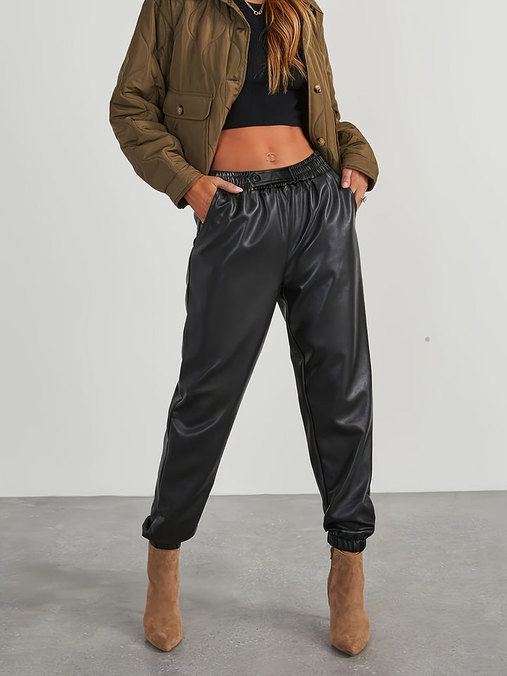 Martha │ Women's Leather-Look Tapered Trousers With Elasticated Waist And Cuffed Ankles