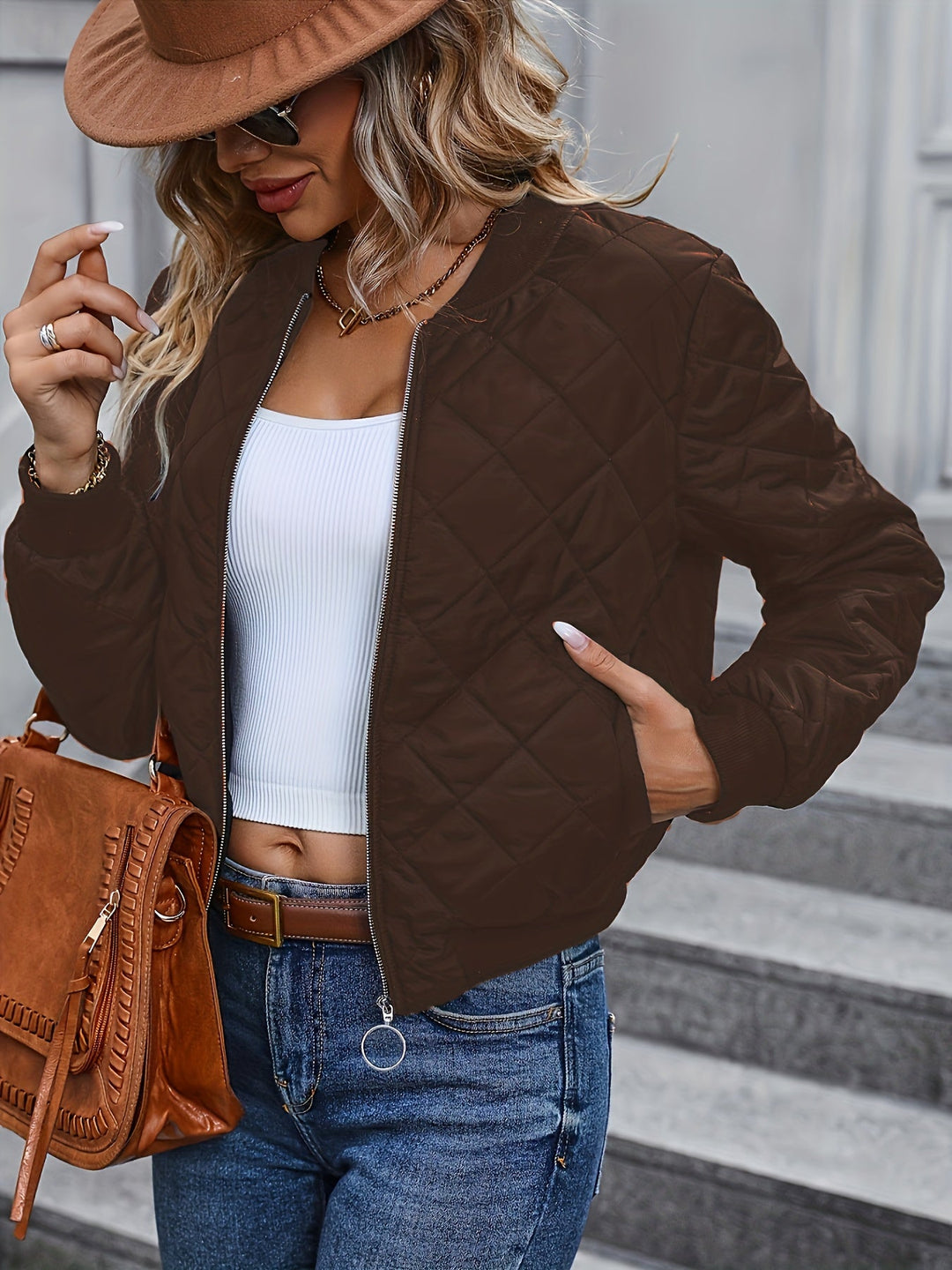 Lillian │ Women's Quilted Bomber Jacket With Zip Front And Round Neck