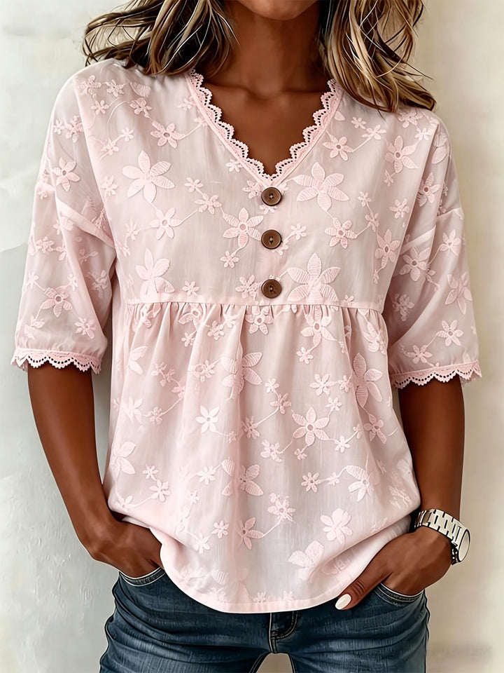 Rosie | Women's Floral Embroidered Lace Trim V-Neck Blouse