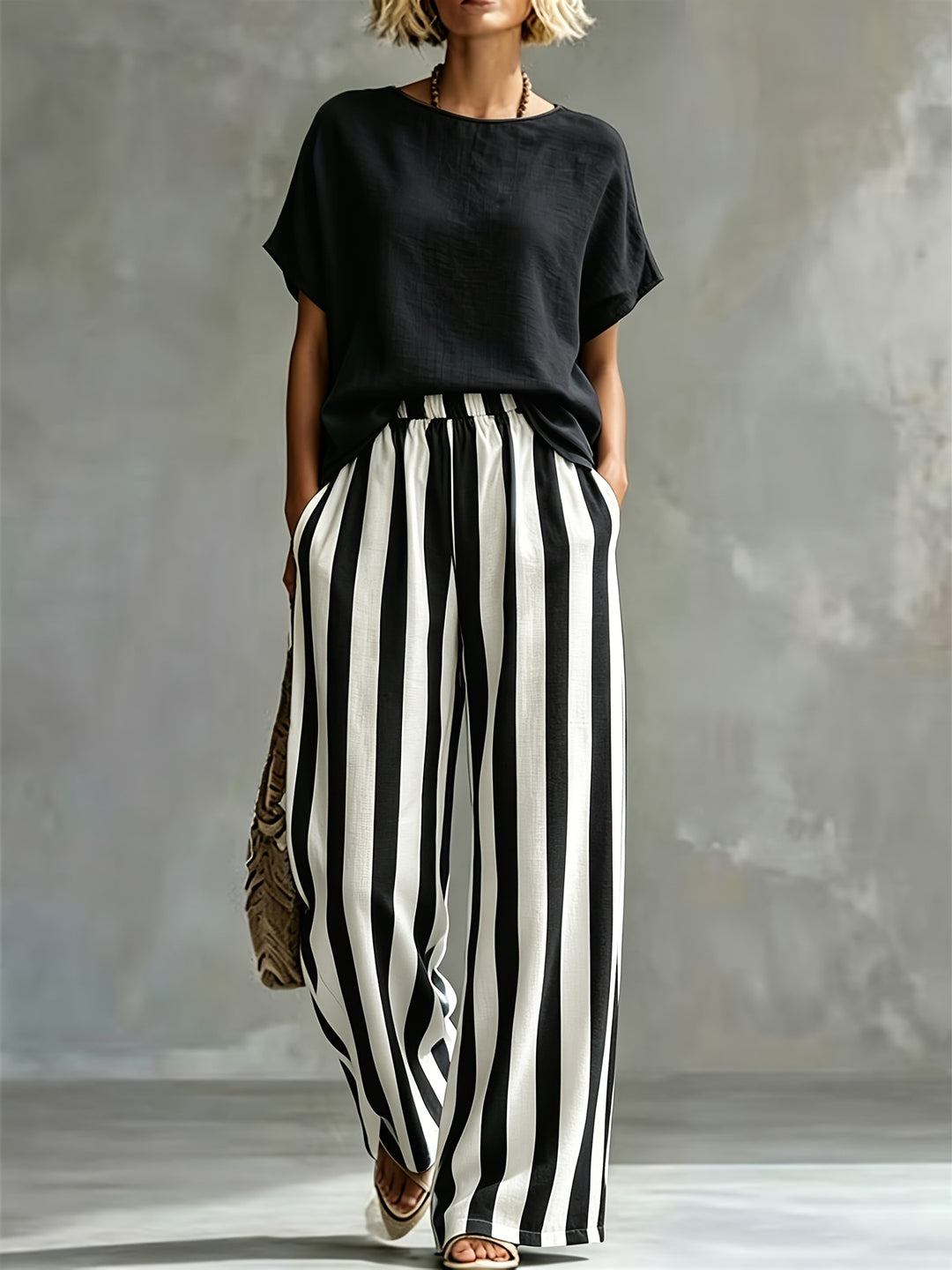 Florence | Women's Striped Wide-Leg Trouser Crew Neck Co-ord Set