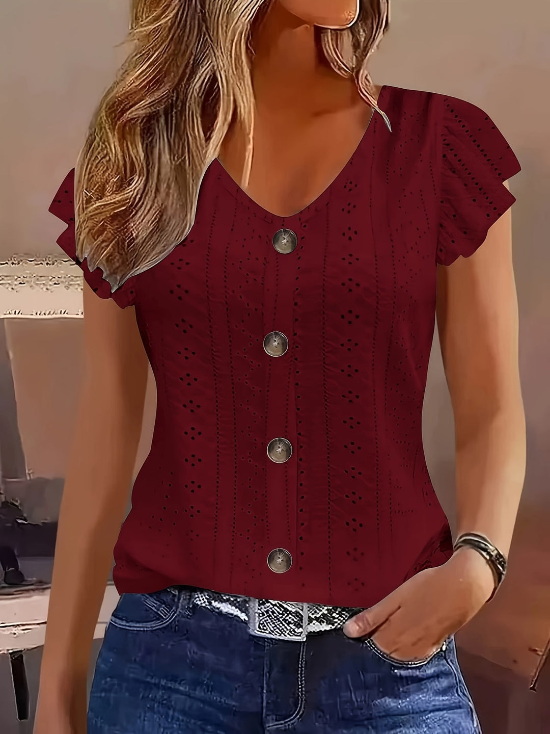 Josephine │ Women's Broderie Anglaise Button Front Top With Ruffle Sleeves