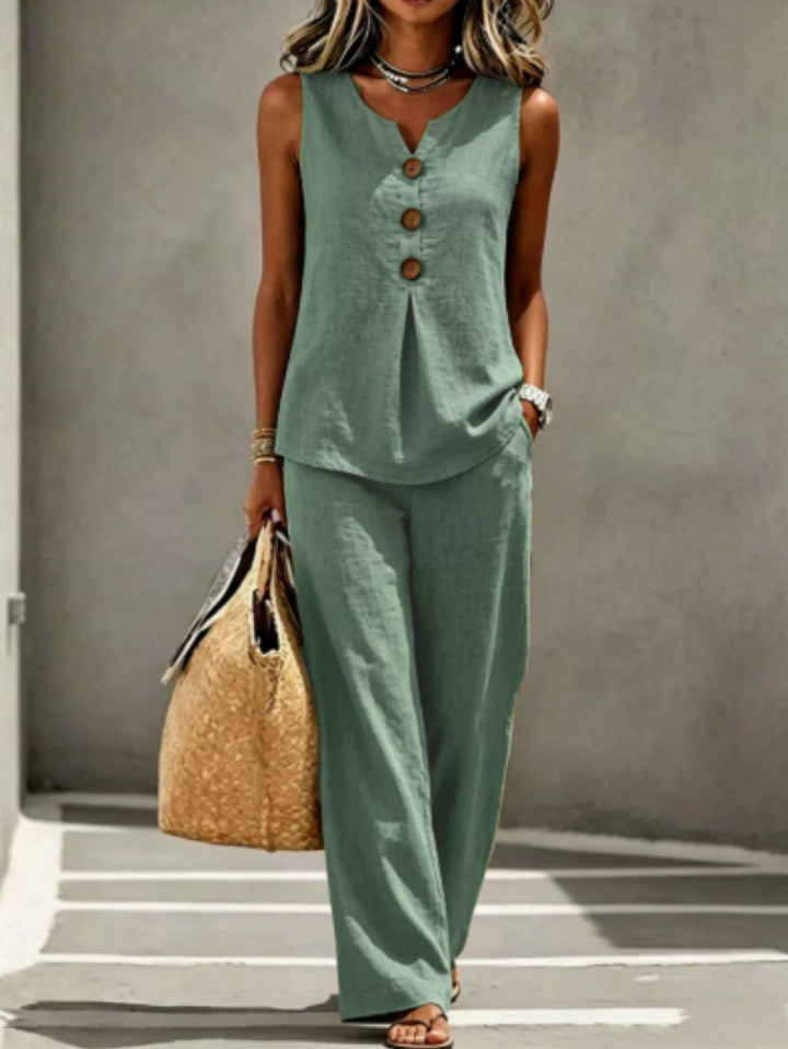 Daisy │ Women's Sleeveless Button Front Top And Wide Leg Trousers Two Piece Set