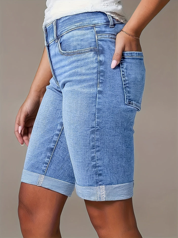 Ivy | Women's High-Waisted Double Button Cuffed Bermuda Denim Shorts