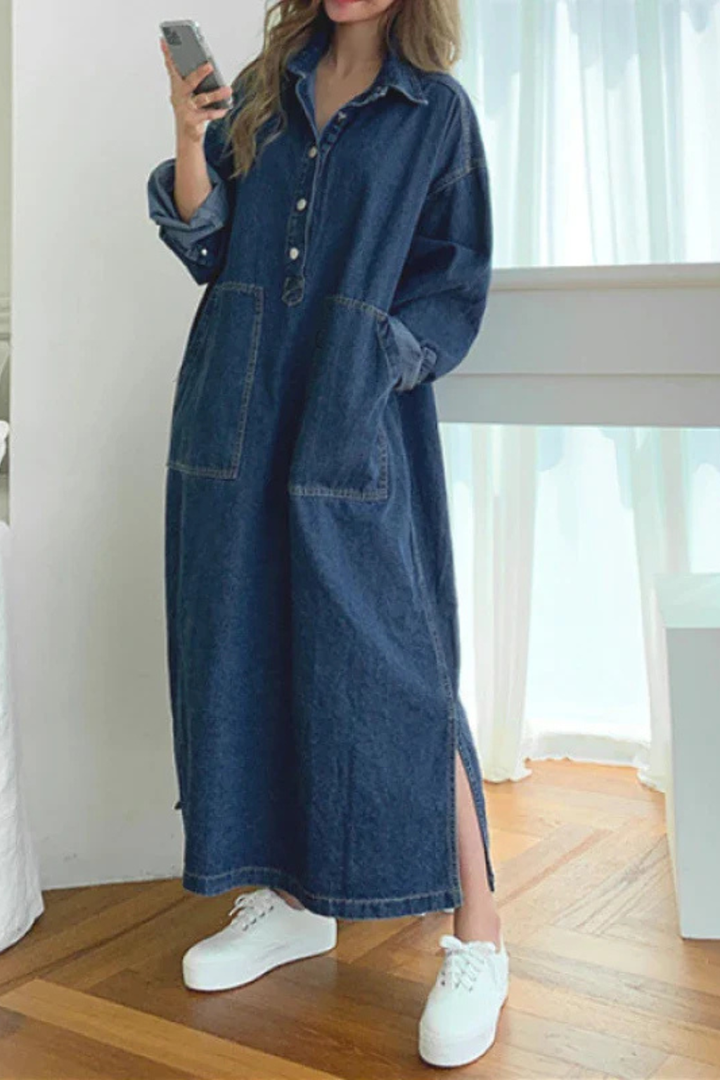 Harriet │ Women's Oversized Denim Maxi Summer Dress With Collar And Front Pockets