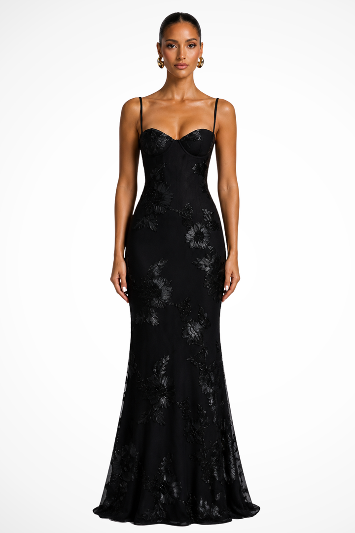 Evangeline │ Women's Floral Embroidered Corset Maxi Wedding Guest Dress With Cami Straps
