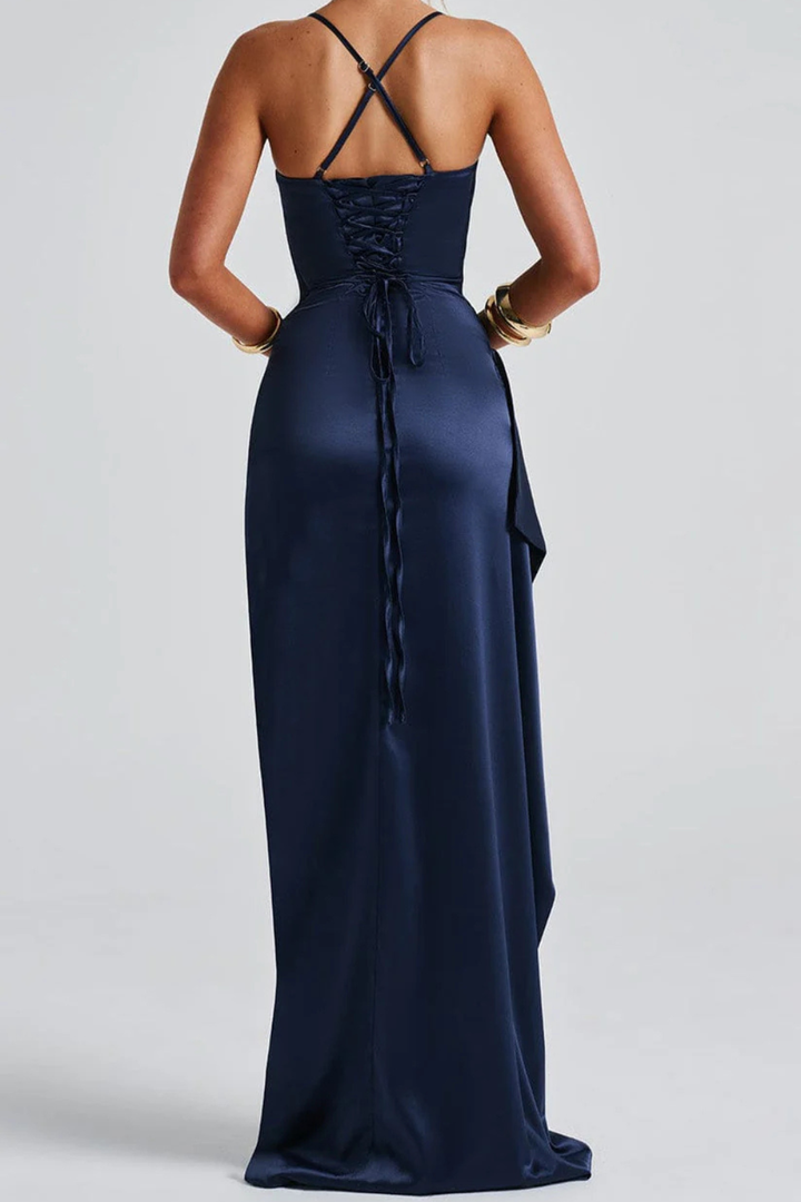 Elowen │ Women's Spaghetti Strap Ruched Satin Maxi Wedding Guest Dress With High Slit