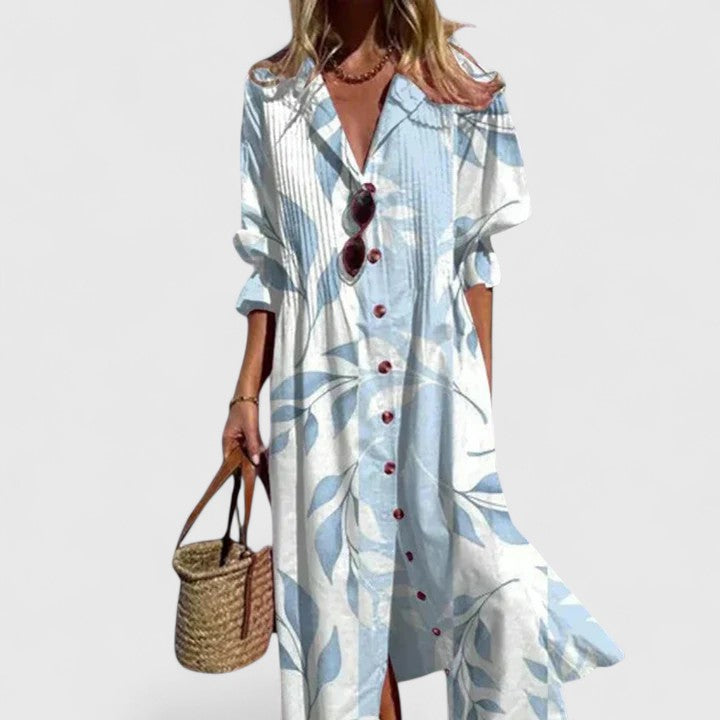 Calliope │ Women's Botanical Print Button Front Midi Summer Dress With Half Sleeves