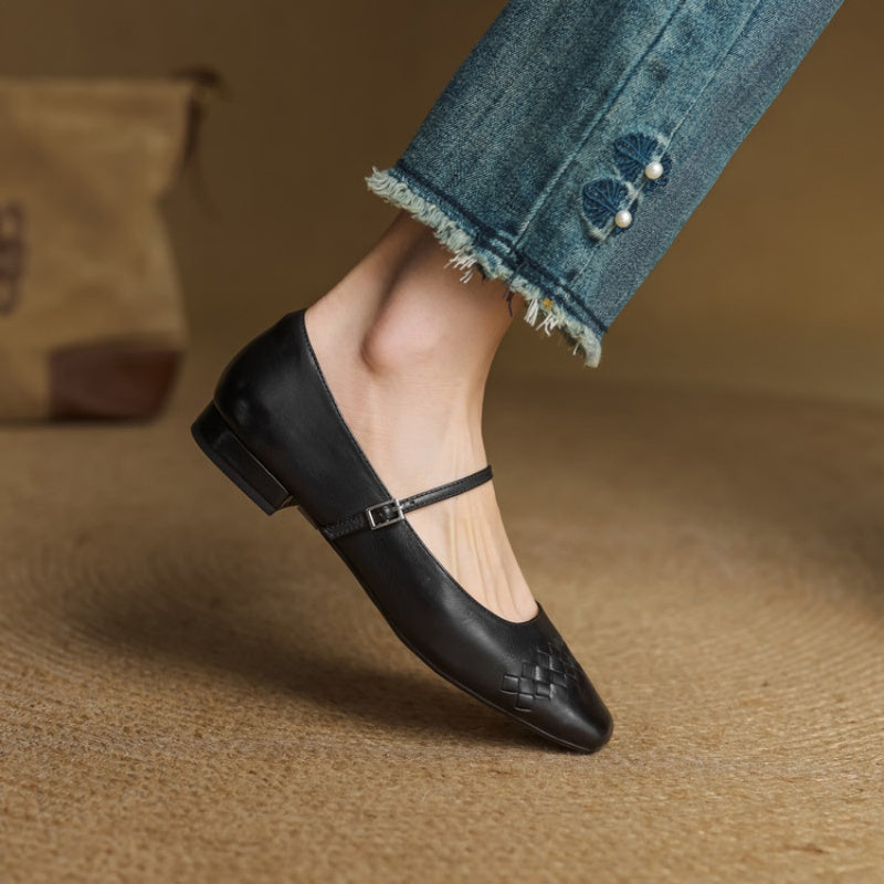 Selina │ Women's Square Toe Mary Jane Flat With Woven Upper