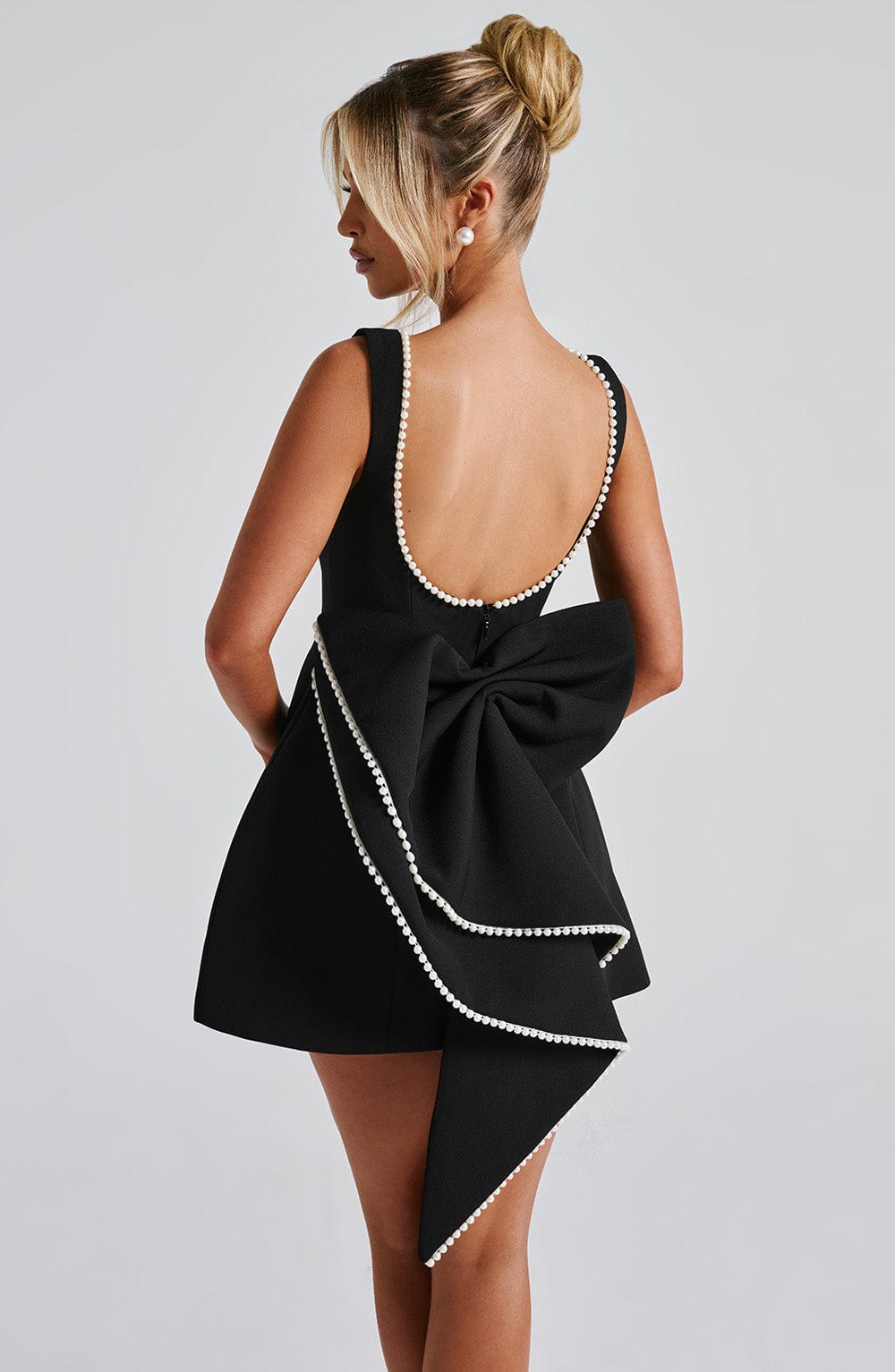 Georgiana │ Women's Structured Mini Wedding Guest Dress With Pearl Trim And Bow Detail