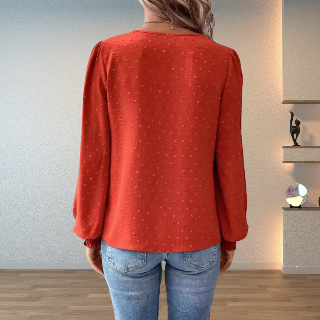 Stella │ Women's Lace Trim V-Neck Long Sleeve Blouse With Textured Fabric