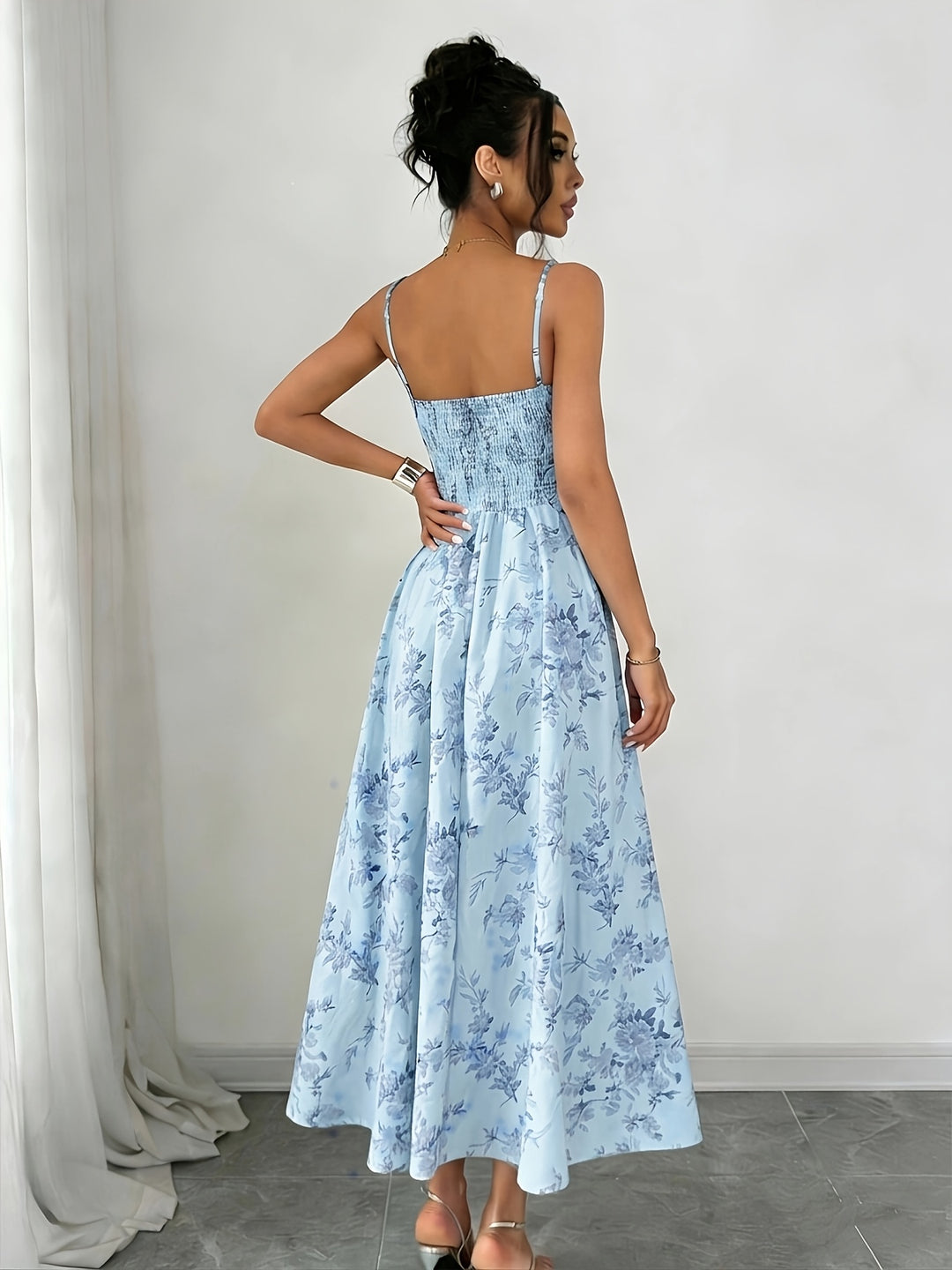 Isla | Women's Floral Print Ruched Bodice Spaghetti Strap Midi Dress