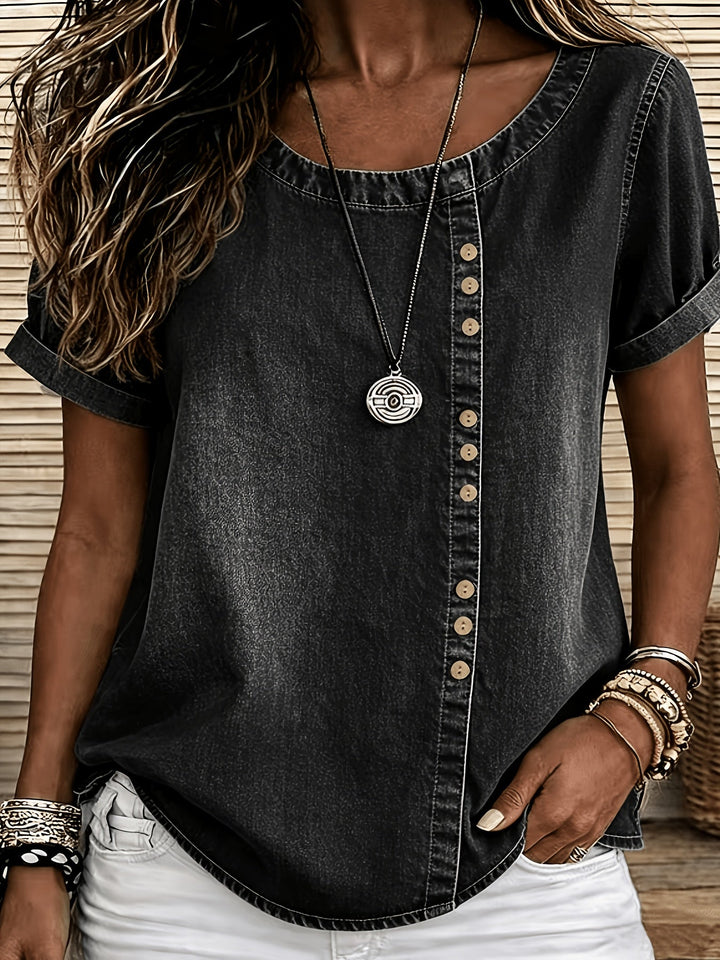 Evie | Women's Short Sleeve Button Front Scoop Neck Denim Blouse
