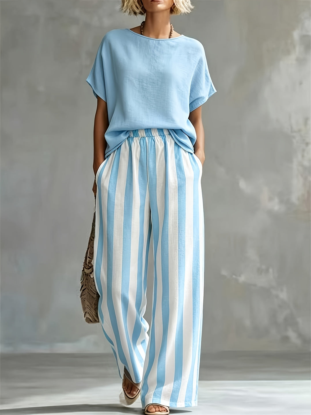 Florence | Women's Striped Wide-Leg Trouser Crew Neck Co-ord Set