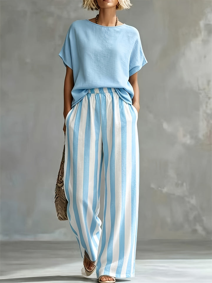 Florence | Women's Striped Wide-Leg Trouser Crew Neck Co-ord Set
