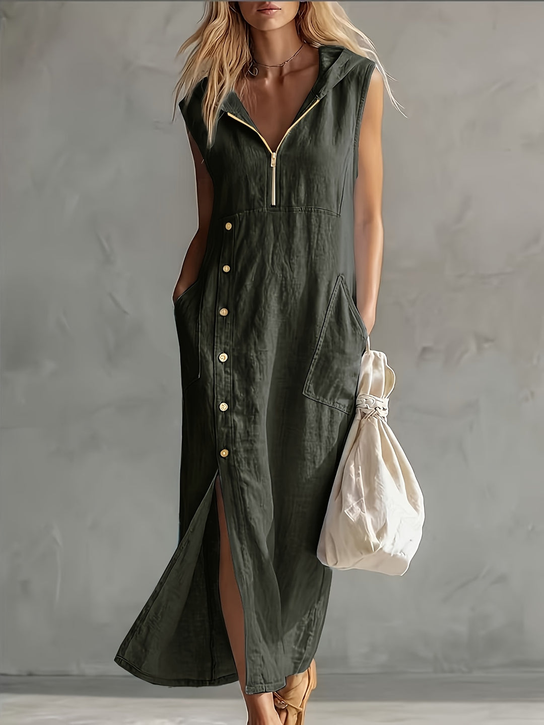 Nadine │ Women's Sleeveless Hooded Maxi Dress With Zip Front And Button Detail