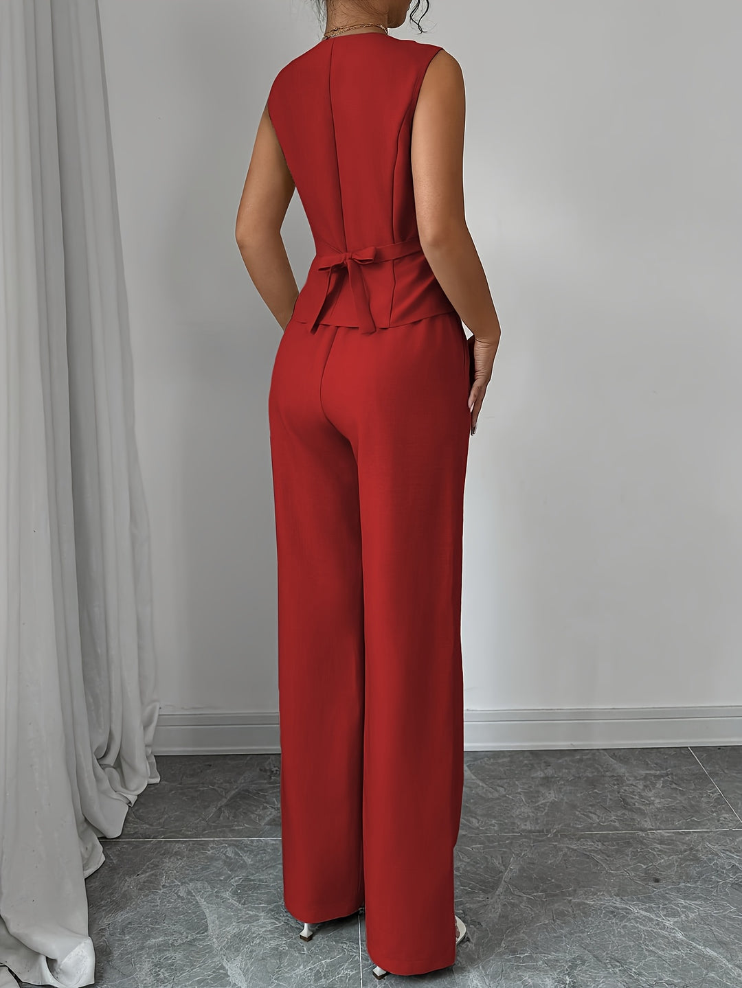 Leona │ Women's Sleeveless Button Front Vest And Straight Leg Trousers Two Piece Set