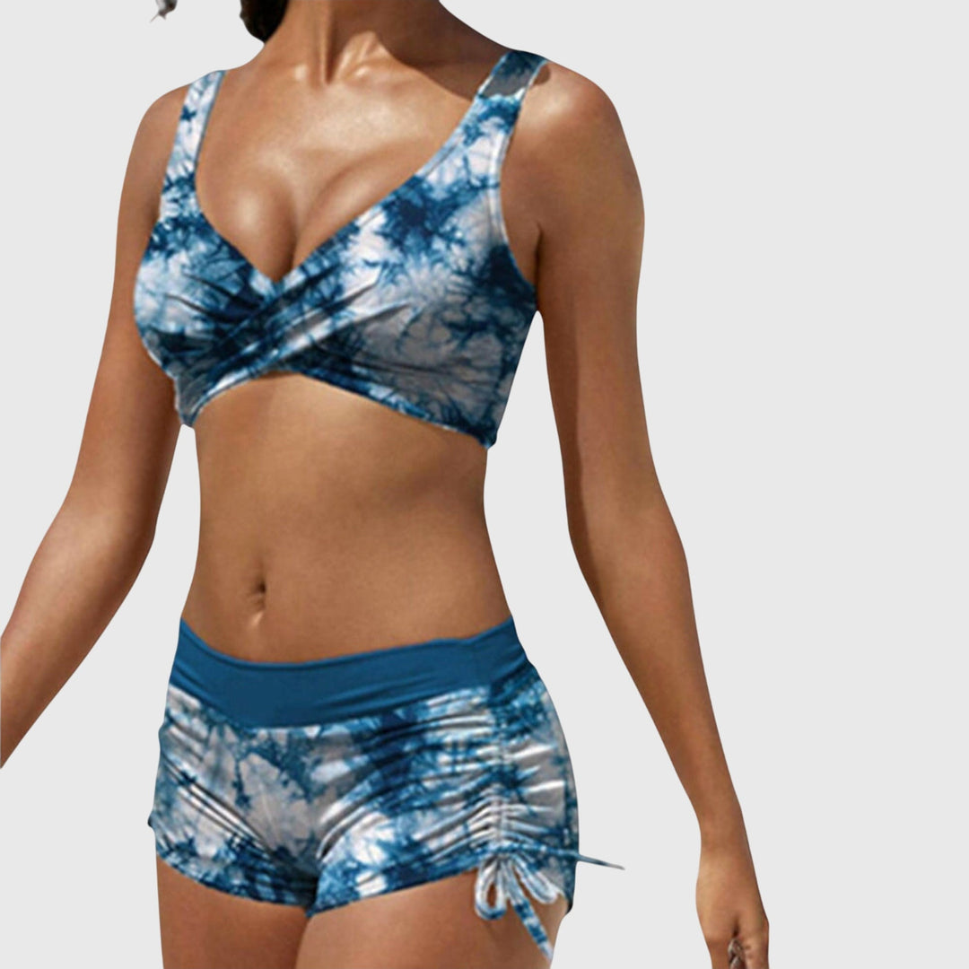 Estelle │ Women's Camo Print Cross Front Bikini Swimwear With Ruched Shorts