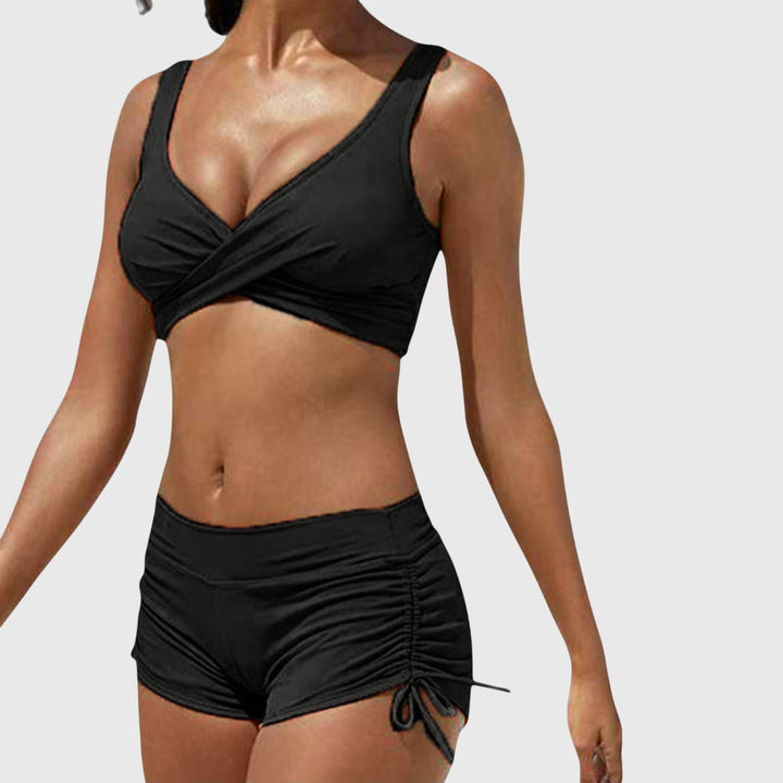 Estelle │ Women's Camo Print Cross Front Bikini Swimwear With Ruched Shorts