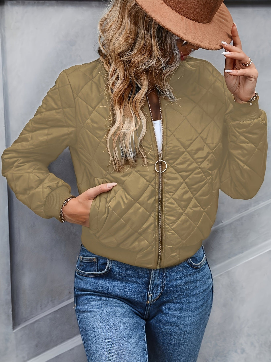 Lillian │ Women's Quilted Bomber Jacket With Zip Front And Round Neck