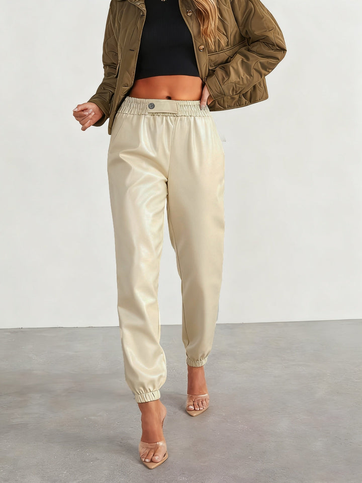 Martha │ Women's Leather-Look Tapered Trousers With Elasticated Waist And Cuffed Ankles