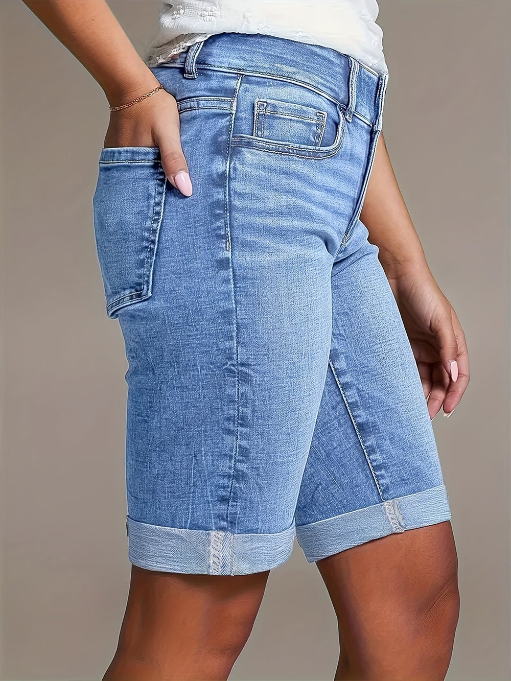 Ivy | Women's High-Waisted Double Button Cuffed Bermuda Denim Shorts