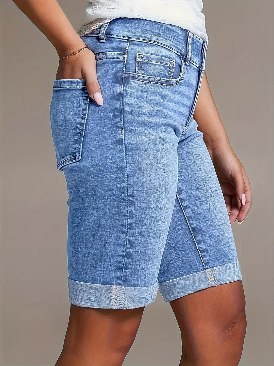 Ivy | Women's High-Waisted Double Button Cuffed Bermuda Denim Shorts