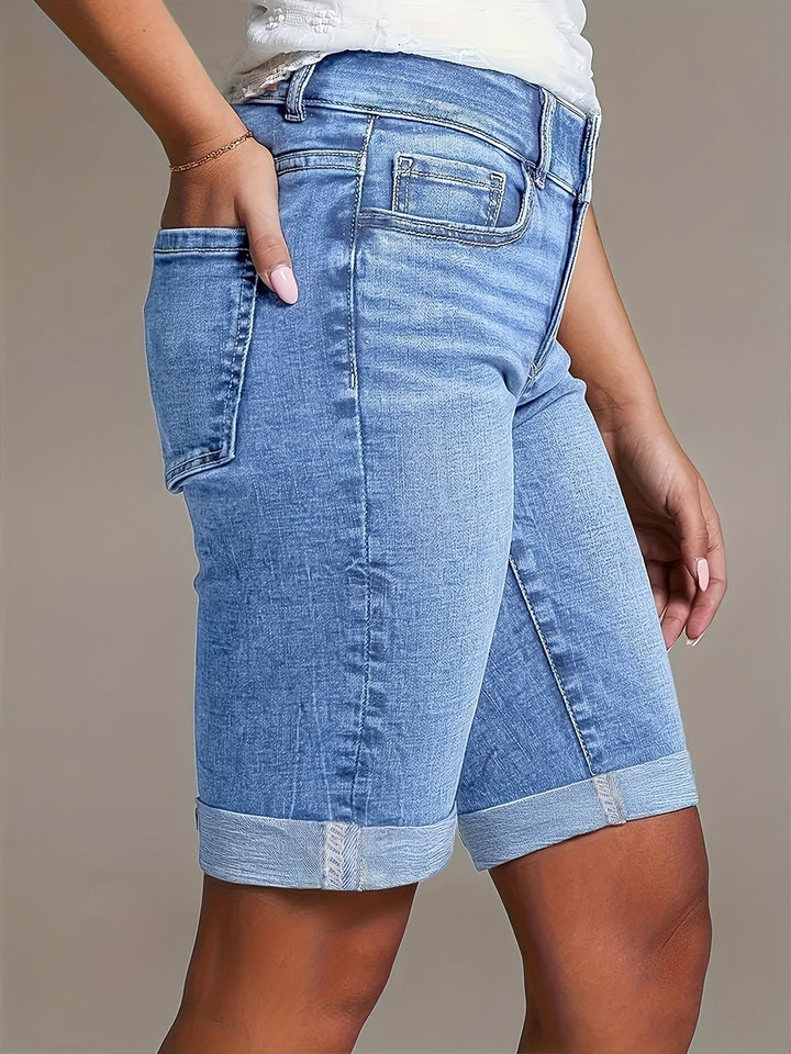 Ivy | Women's High-Waisted Double Button Cuffed Bermuda Denim Shorts