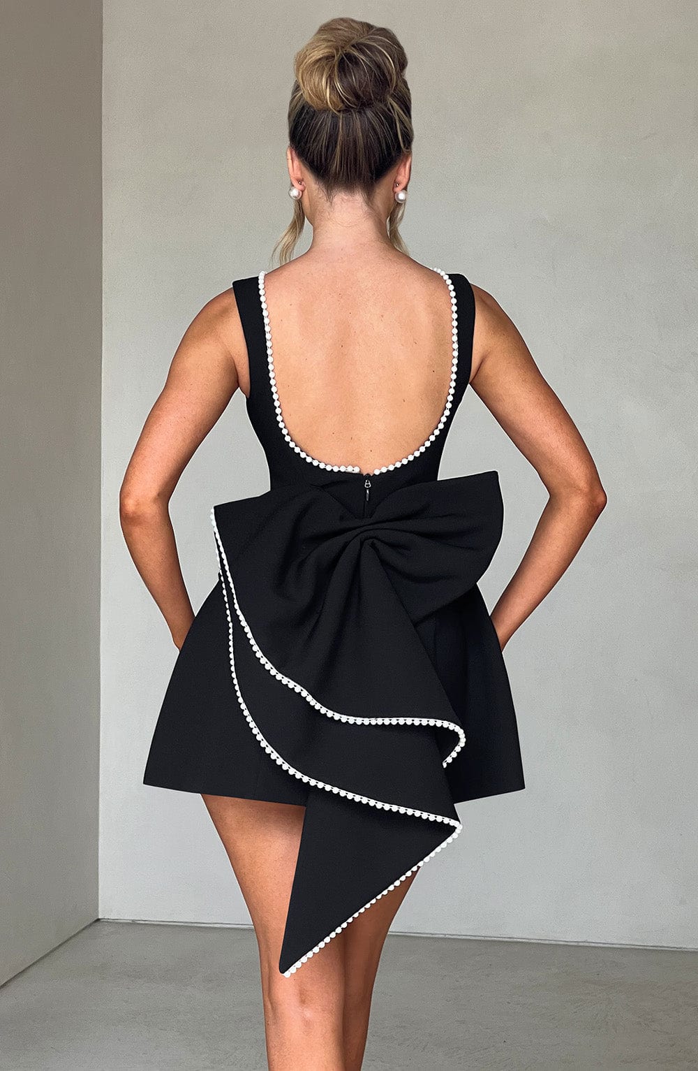 Georgiana │ Women's Structured Mini Wedding Guest Dress With Pearl Trim And Bow Detail