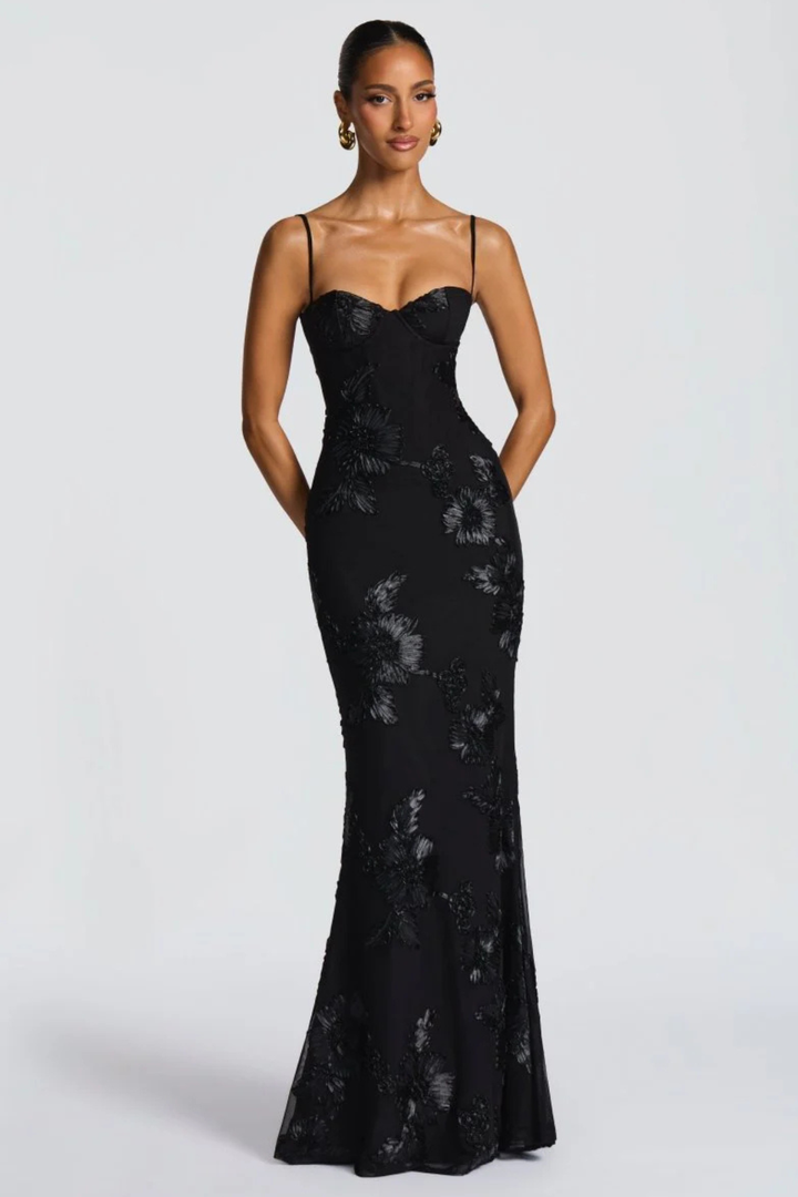 Evangeline │ Women's Floral Embroidered Corset Maxi Wedding Guest Dress With Cami Straps