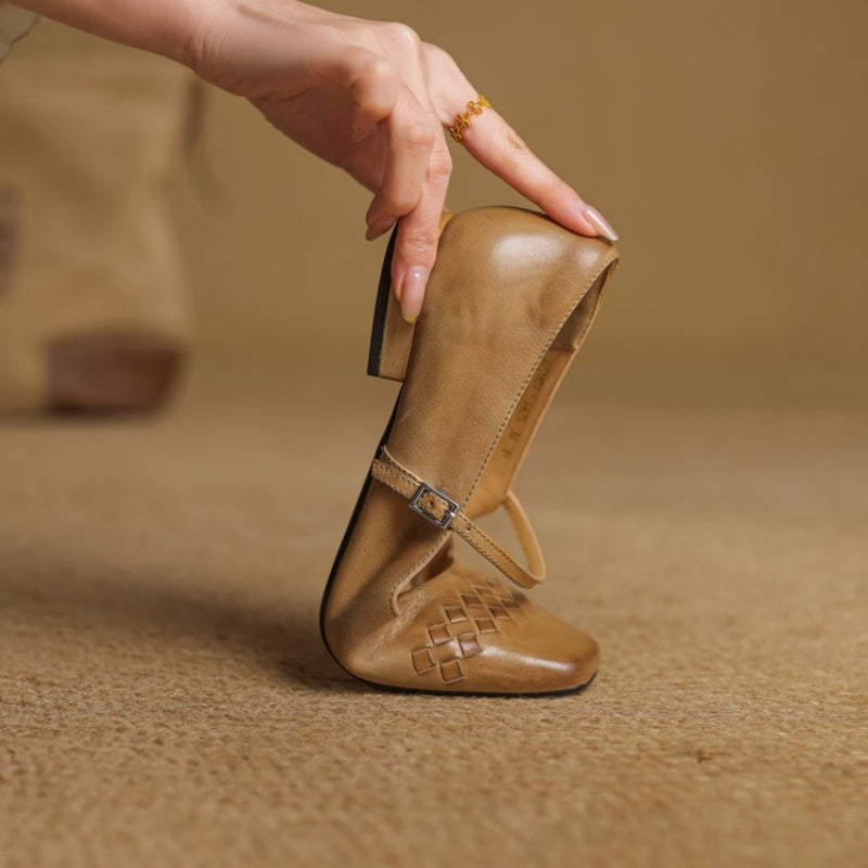 Selina │ Women's Square Toe Mary Jane Flat With Woven Upper
