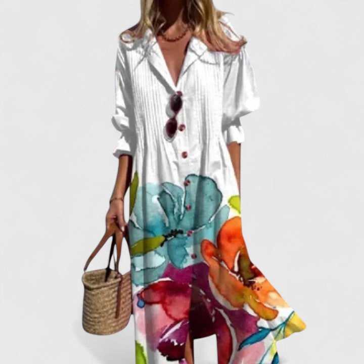 Calliope │ Women's Botanical Print Button Front Midi Summer Dress With Half Sleeves