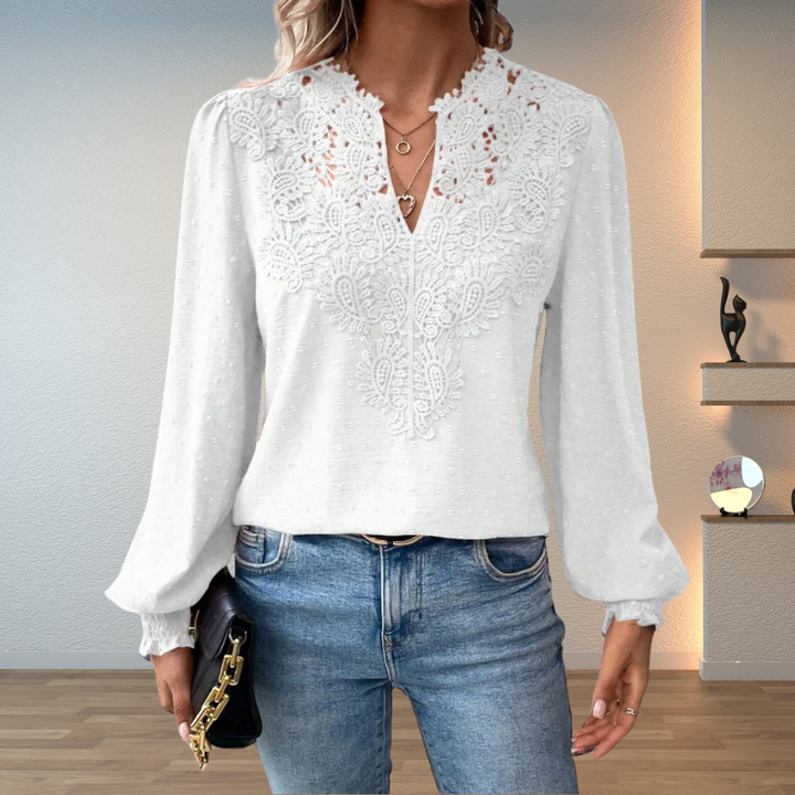 Stella │ Women's Lace Trim V-Neck Long Sleeve Blouse With Textured Fabric