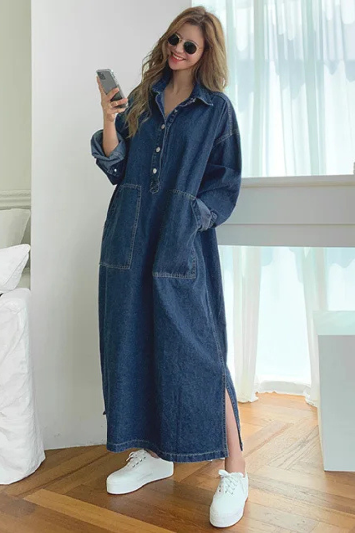 Harriet │ Women's Oversized Denim Maxi Summer Dress With Collar And Front Pockets