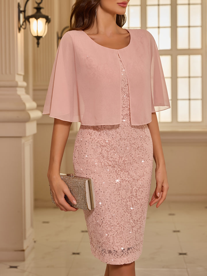 Corinna │ Women's Lace Sequin Wedding Guest Dress With Chiffon Cape Overlay