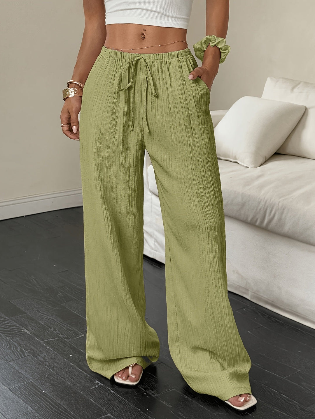 Willow | Women's Crinkle Texture Drawstring Wide-Leg Trousers
