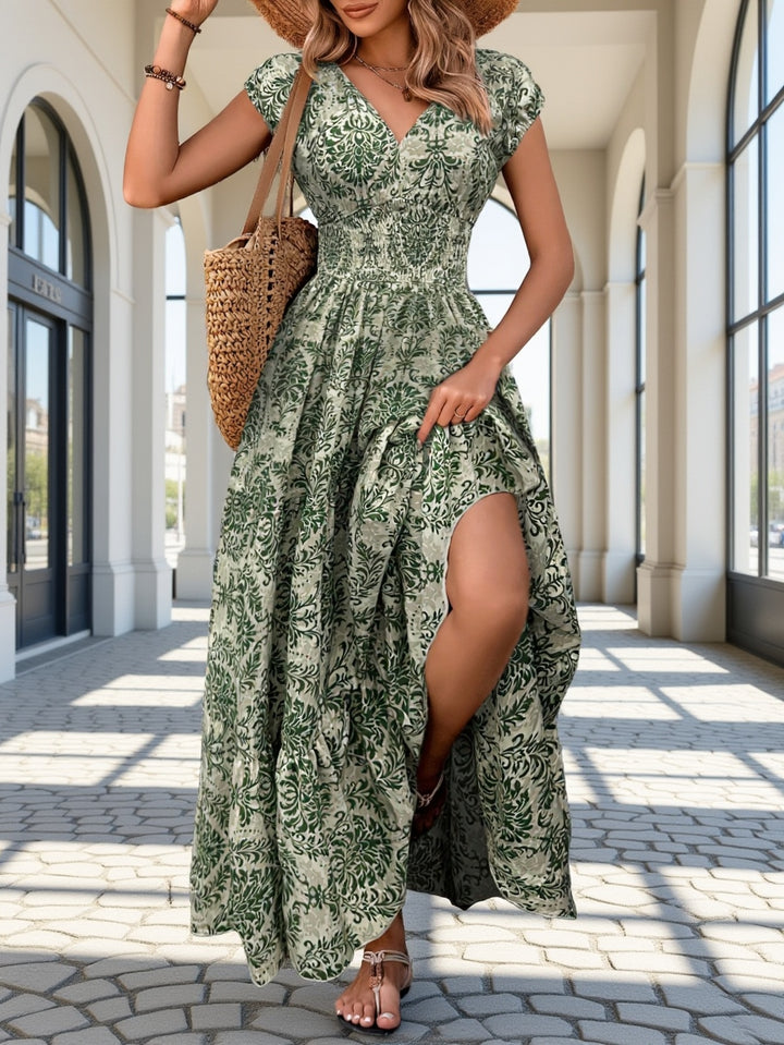 Leona │ Women's V-Neck Short Sleeve Printed Maxi Dress With Waist Tie