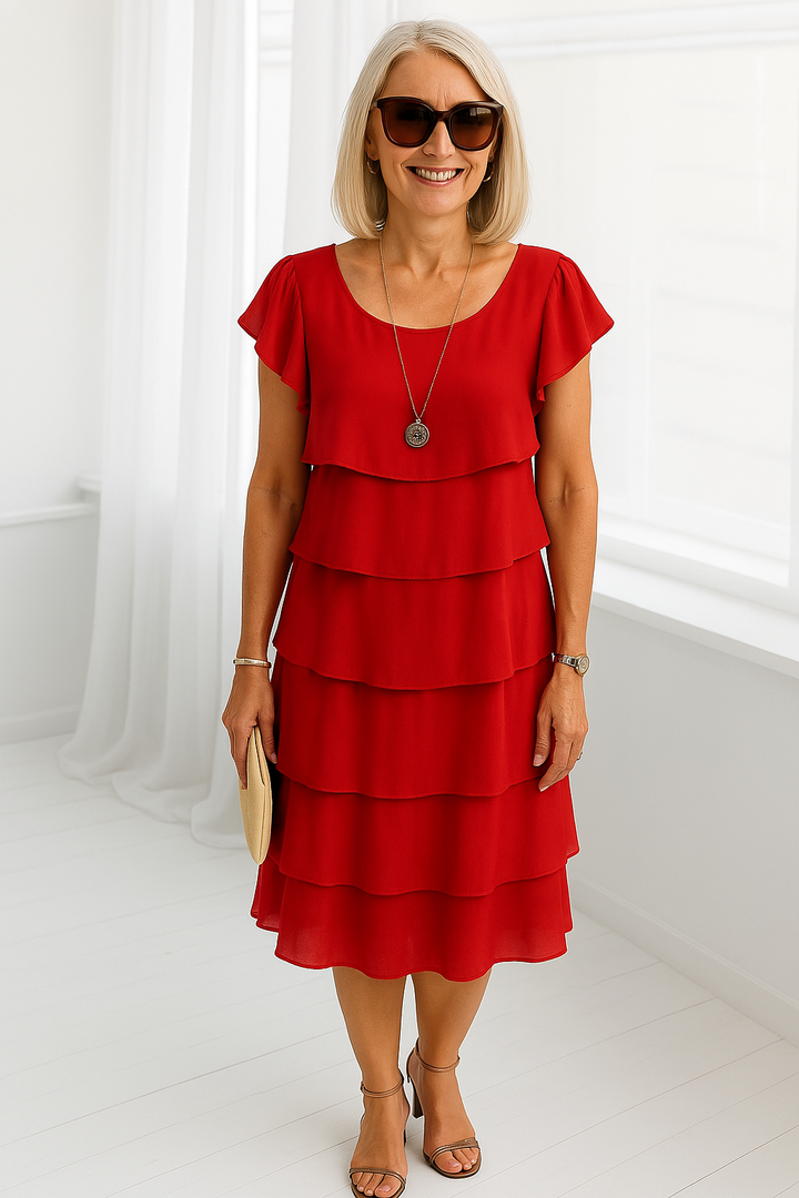Seraphine │ Women's Tiered Ruffle Midi Dress With Flutter Sleeves And Round Neck