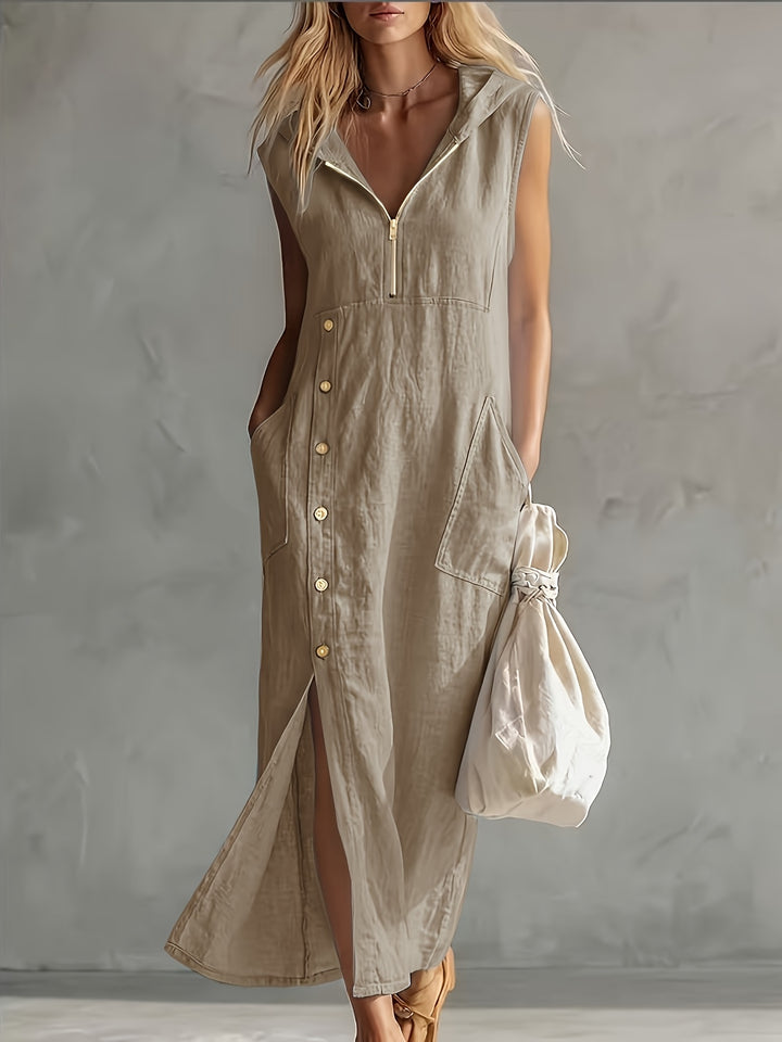 Nadine │ Women's Sleeveless Hooded Maxi Dress With Zip Front And Button Detail